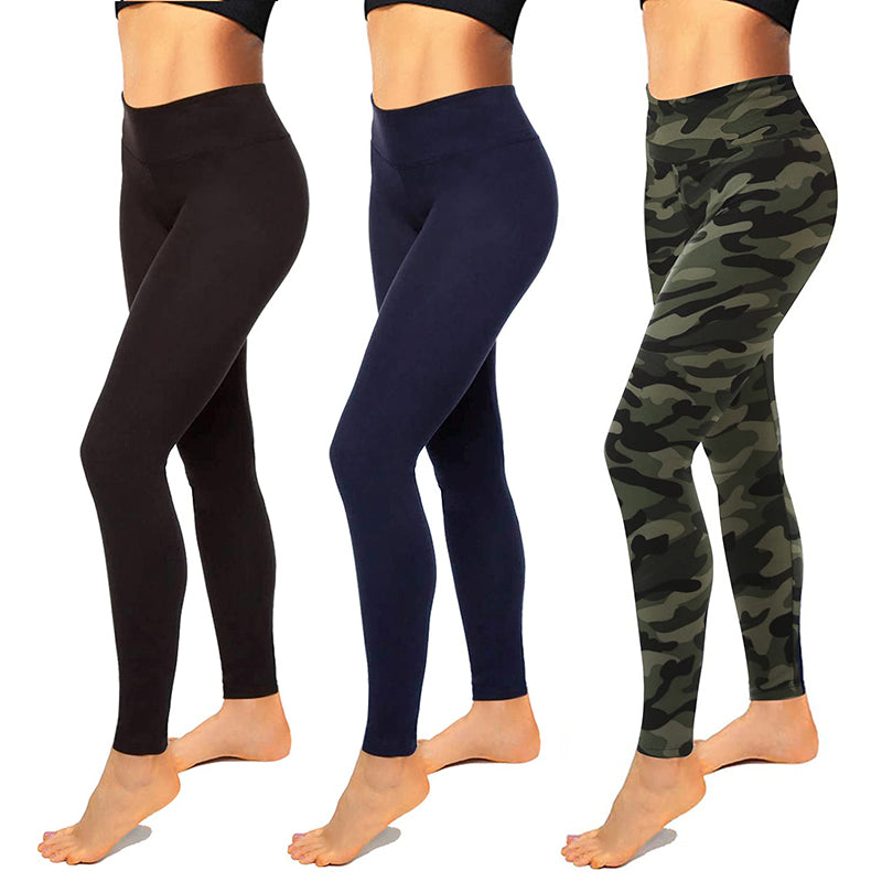Fullsoft 3 Pack Womens Leggings High Waisted Yoga Pants - Black+Army Green  Camo+Navy Blue / S/M