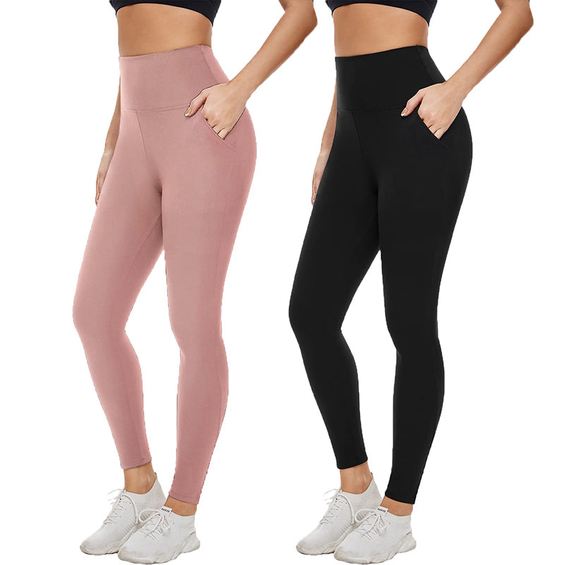 Fullsoft 2 Pack Womens Yoga Leggings With Pocket High Waisted Tummy Control  Pants - Black+Pink / S/M