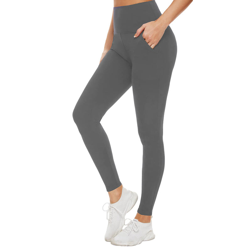 Fullsoft Dark Grey Womens Yoga Leggings With Pocket High Waisted Tummy  Control Pants - Dark Grey / S/M