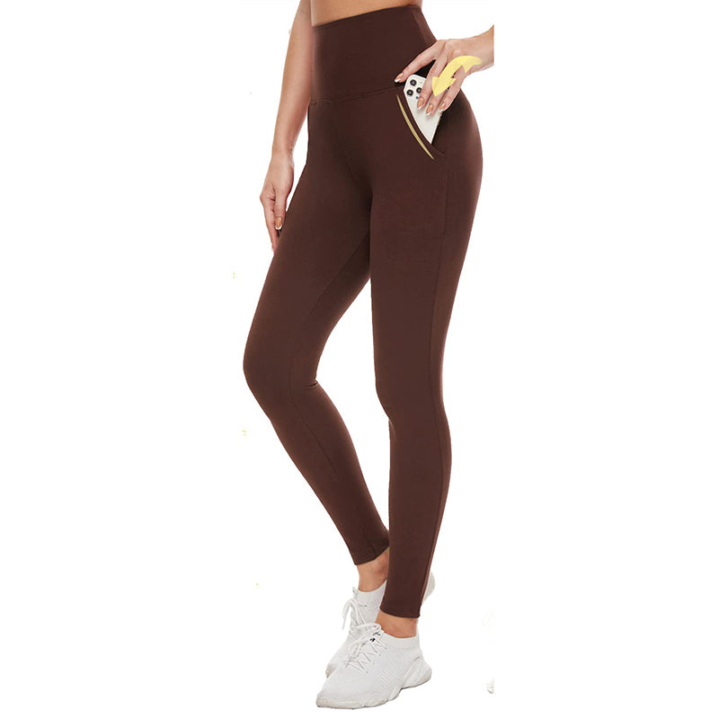 Fullsoft Brown Womens Yoga Leggings With Pocket High Waisted Tummy Control Pants