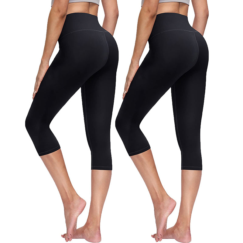 Fullsoft 2 Pack Womens Capri Leggings High Waisted Yoga Cropped Pants Black