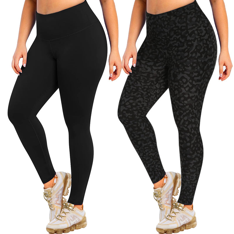Fullsoft 2 Pack Plus Size Womens Leggings High Waisted Yoga Pants -  Black+Leopard Print / XL