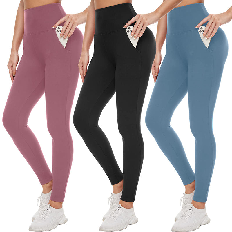Fullsoft 3 Pack Womens Yoga Leggings With Pocket High Waisted Tummy Control Pants
