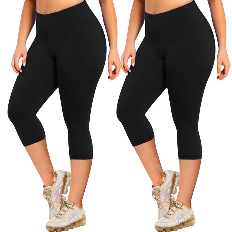 Fullsoft 2 Pack Plus Size Womens Capri Leggings Black High Waisted Yoga Pants