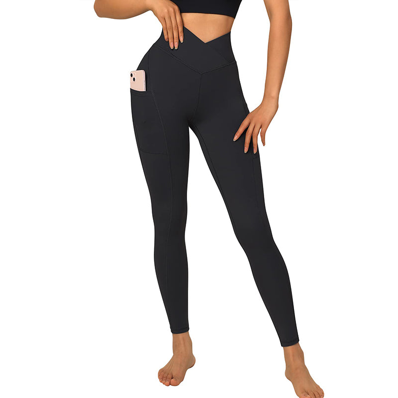 Fullsoft Black Womens Push Up Yoga Leggings With Pocket High Cross Waisted Pants